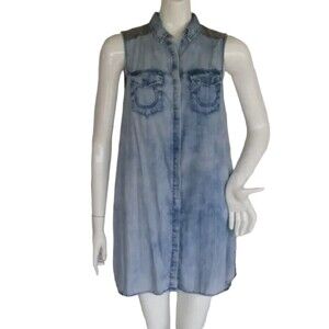 TRUE RELIGION Mini Dress, S, Georgia Chambray, Light Blue, Sleeveless, Pockets